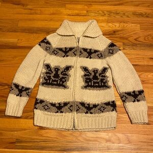 Cowichan Style Sweater 100% Wool Vintage- Thunderbird  Cream/Brown/Taupe EUC-